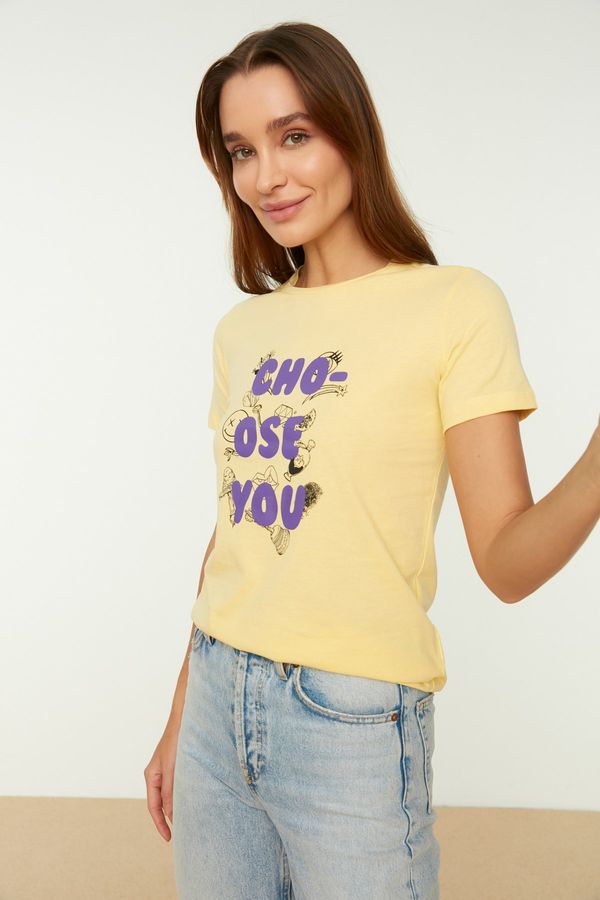 Trendyol Trendyol Yellow Printed Basic Knitted T-Shirt