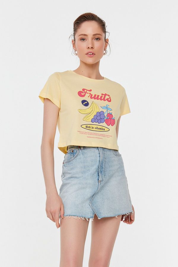 Trendyol Trendyol Yellow Printed Crop Knitted T-Shirt