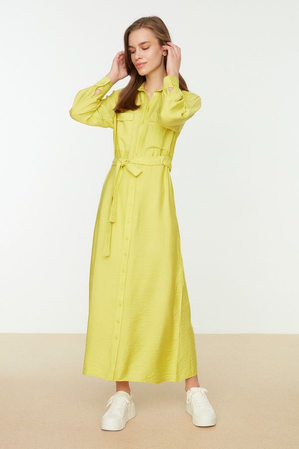 Trendyol Trendyol Yellow Waist Elastic Belted Pocket Detailed Woven Dress