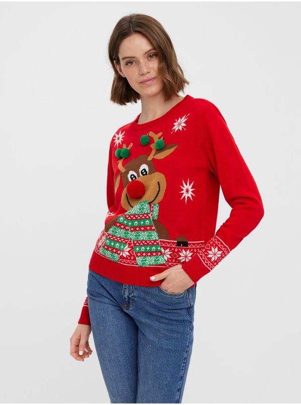 Vero Moda Red women's sweater with Christmas motif VERO MODA New Frosty Deer - Women
