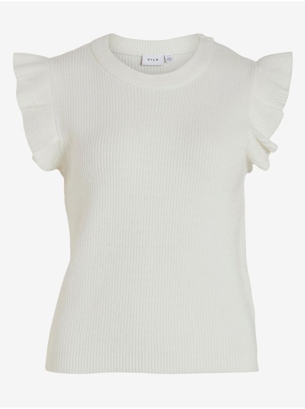 Vila Cream Women's Ribbed T-Shirt VILA Ril - Women