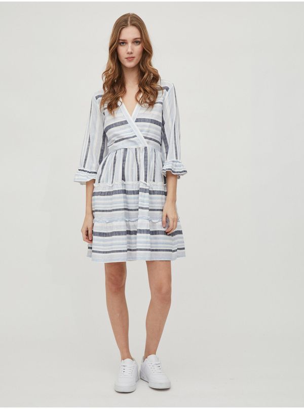 Vila White-blue striped wrap dress with three-quarter sleeve VILA Etni - Women